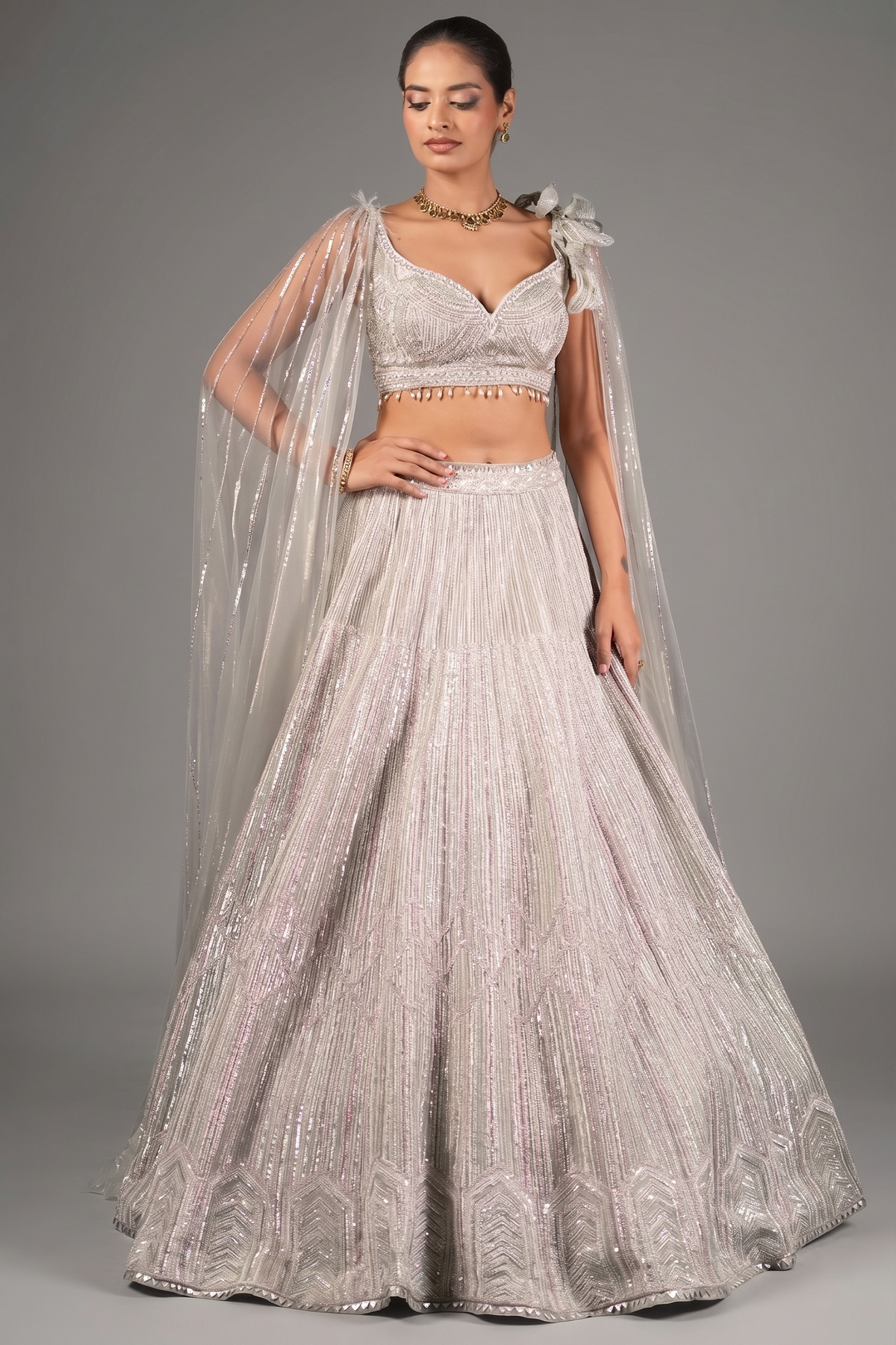 Silver Net Designer Lehenga Set with Cape Sleeves