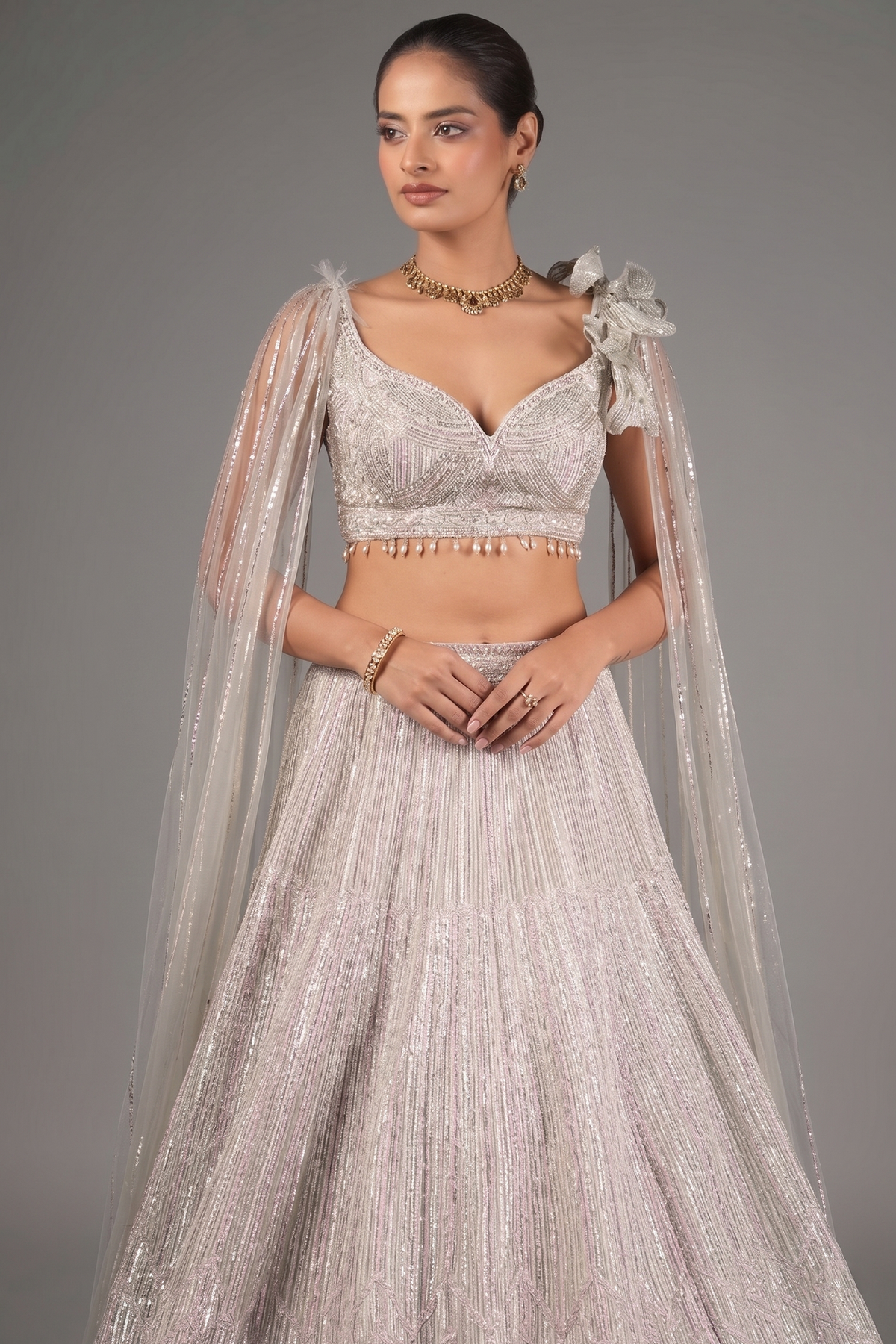 Silver Net Designer Lehenga Set with Cape Sleeves