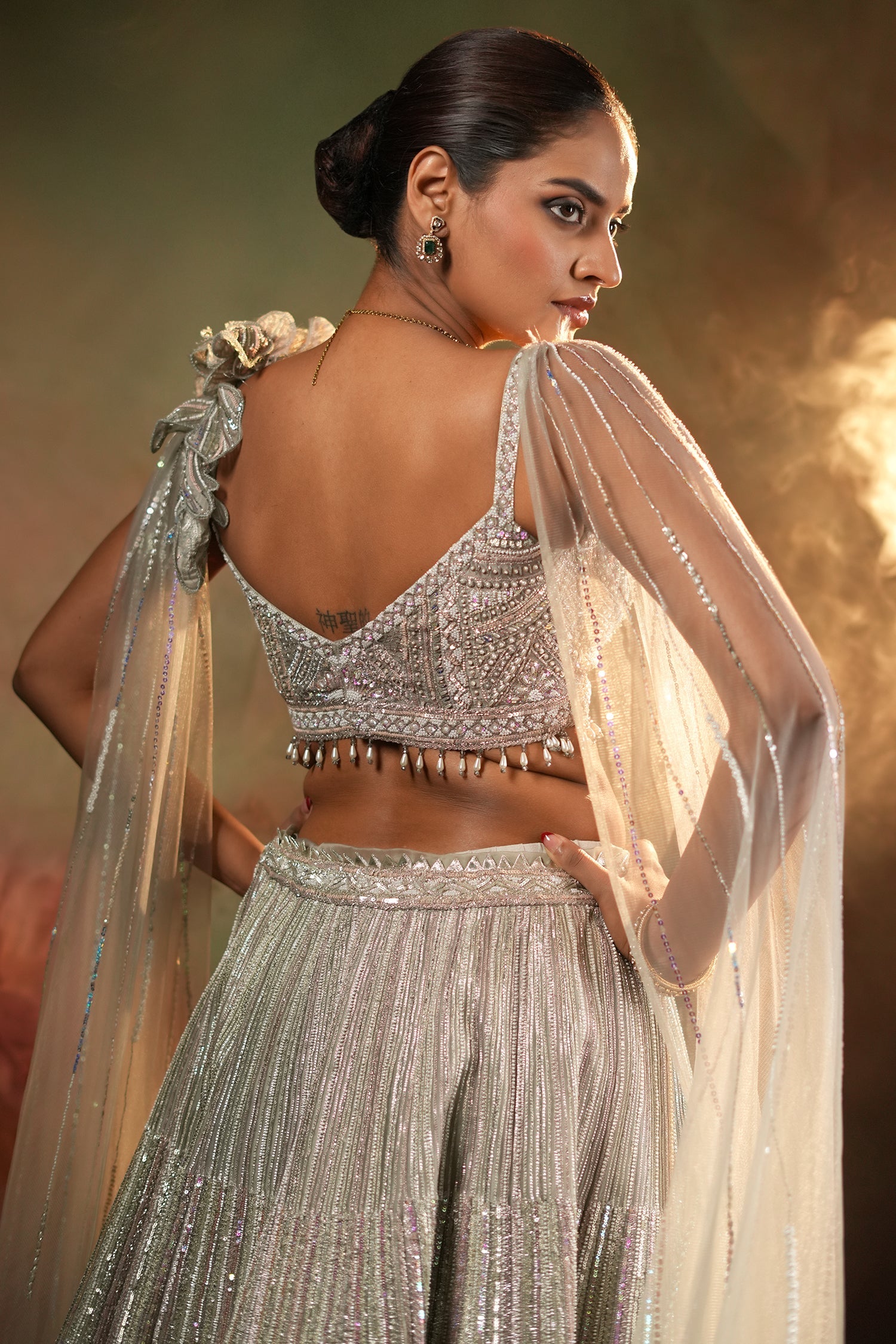 Silver Net Designer Lehenga Set with Cape Sleeves