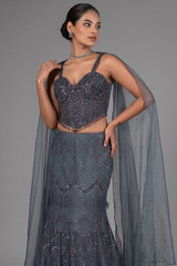 Prussian Blue Net Cutdana Beaded Mermaid Style Lehenga with Embellished Corset Blouse