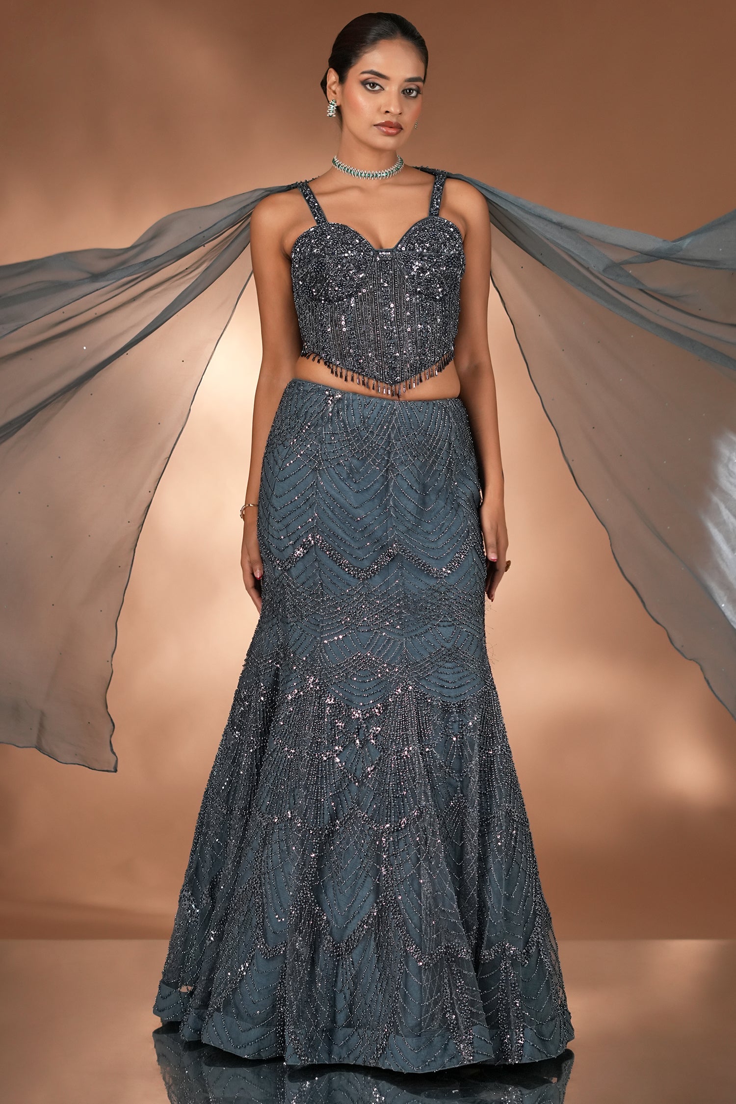 Prussian Blue Net Cutdana Beaded Mermaid Style Lehenga with Embellished Corset Blouse