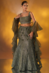 Olive Green Net Designer Mermaid Style Lehenga Set