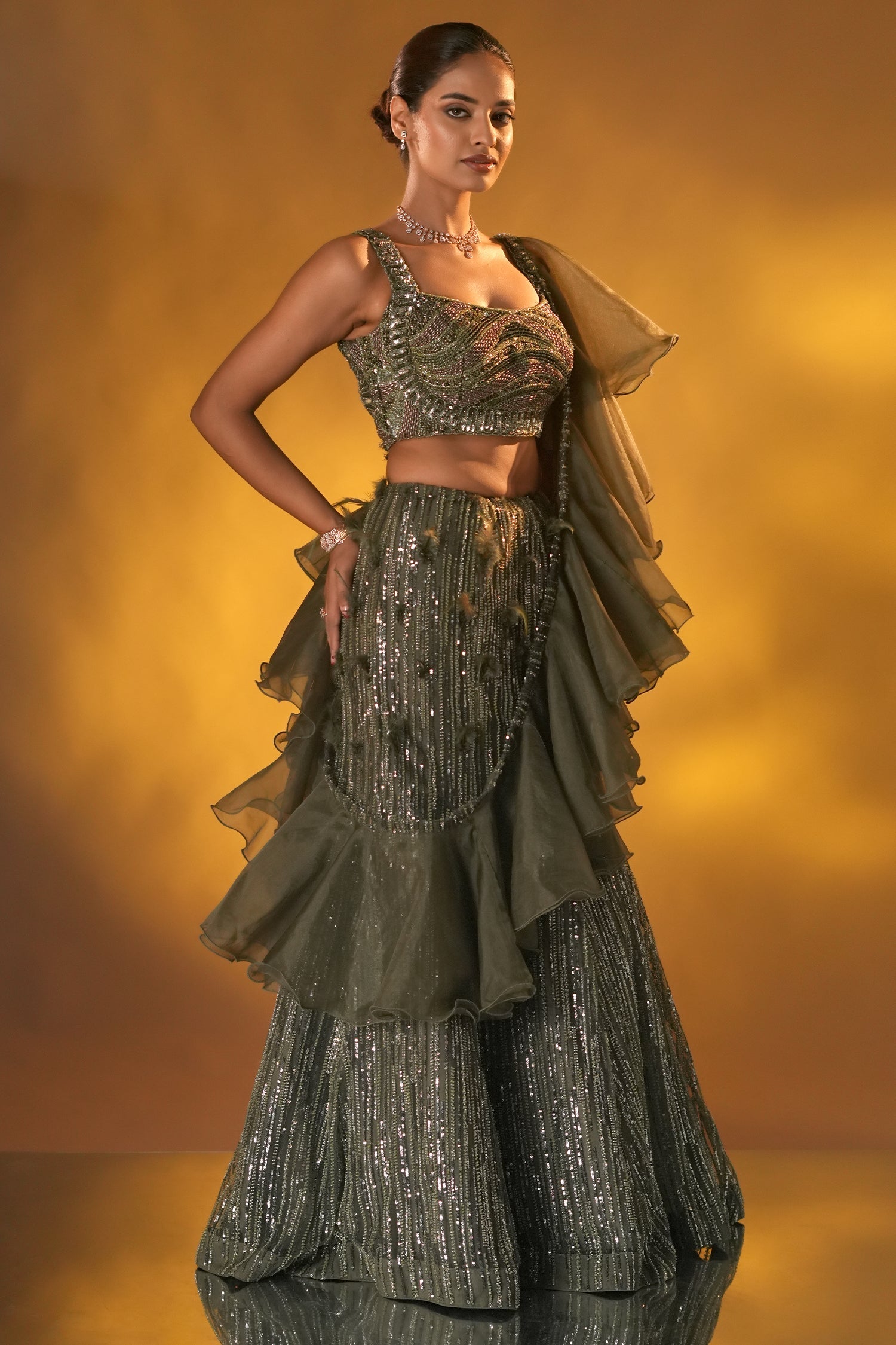 Olive Green Net Designer Mermaid Style Lehenga Set