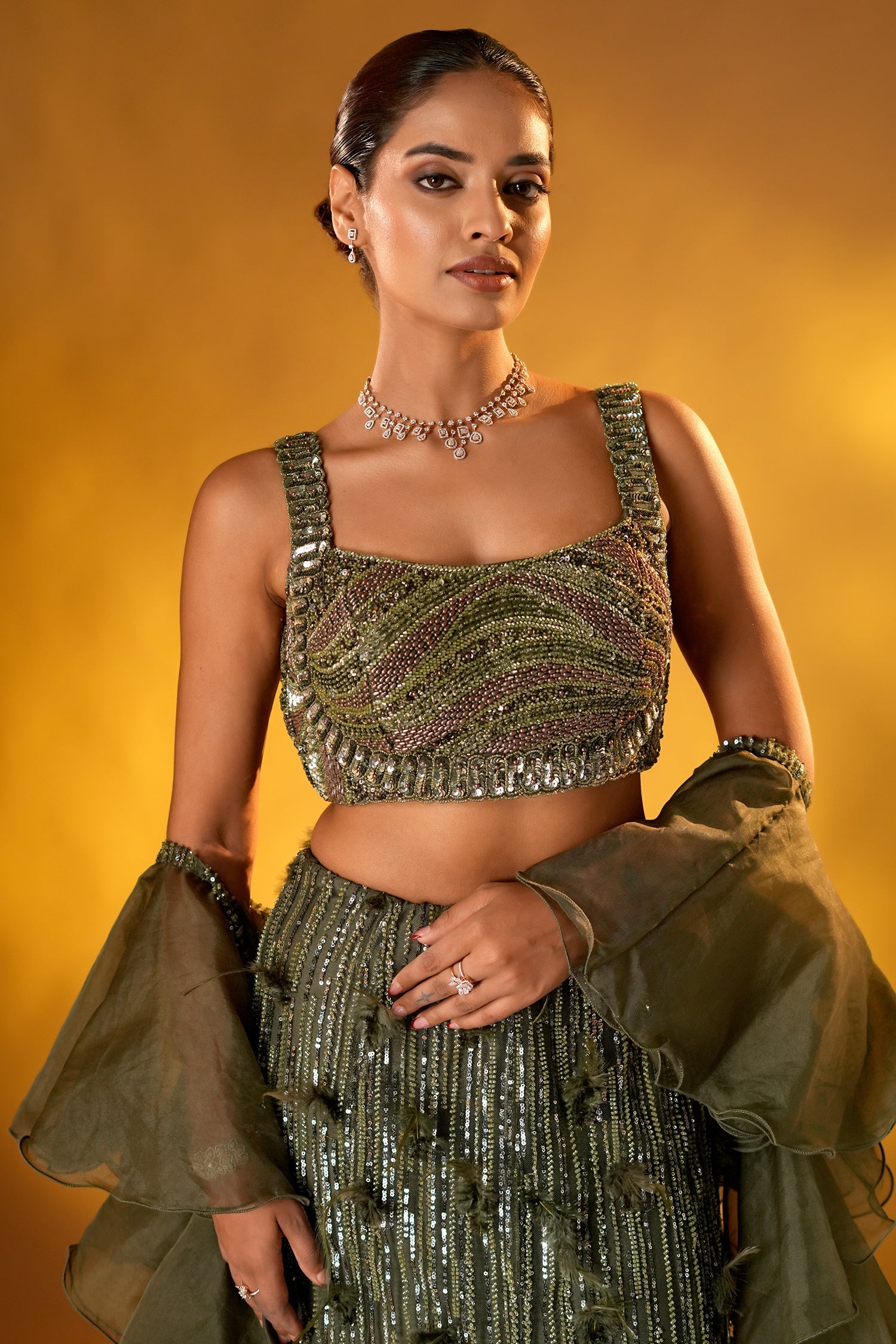 Olive Green Net Designer Mermaid Style Lehenga Set