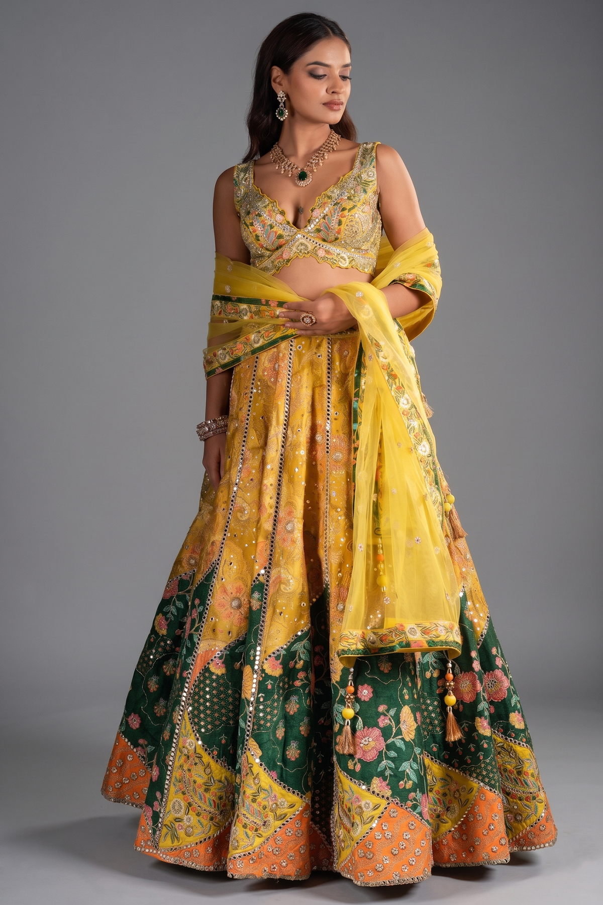 Yellow Silk Floral Printed Designer Lehenga Set