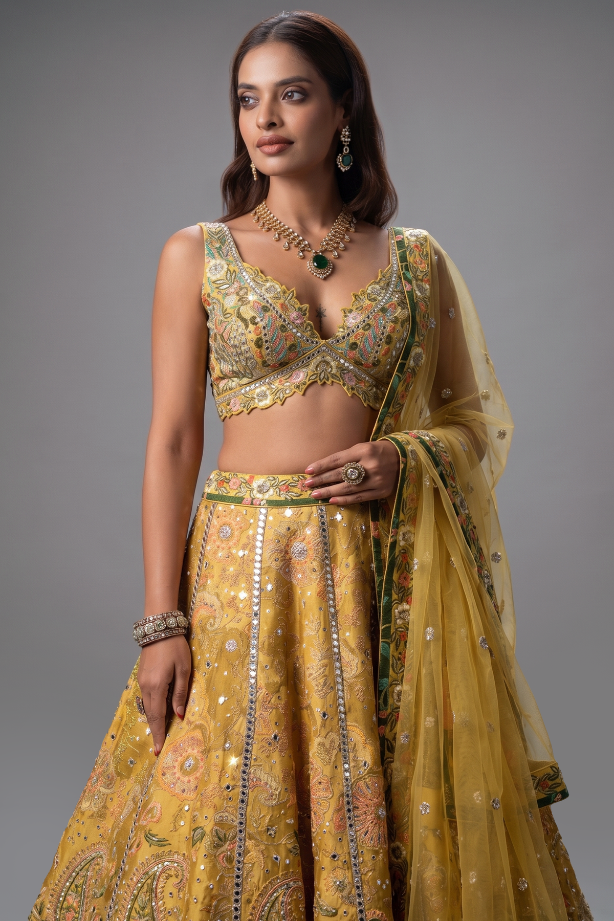 Yellow Silk Floral Printed Designer Lehenga Set