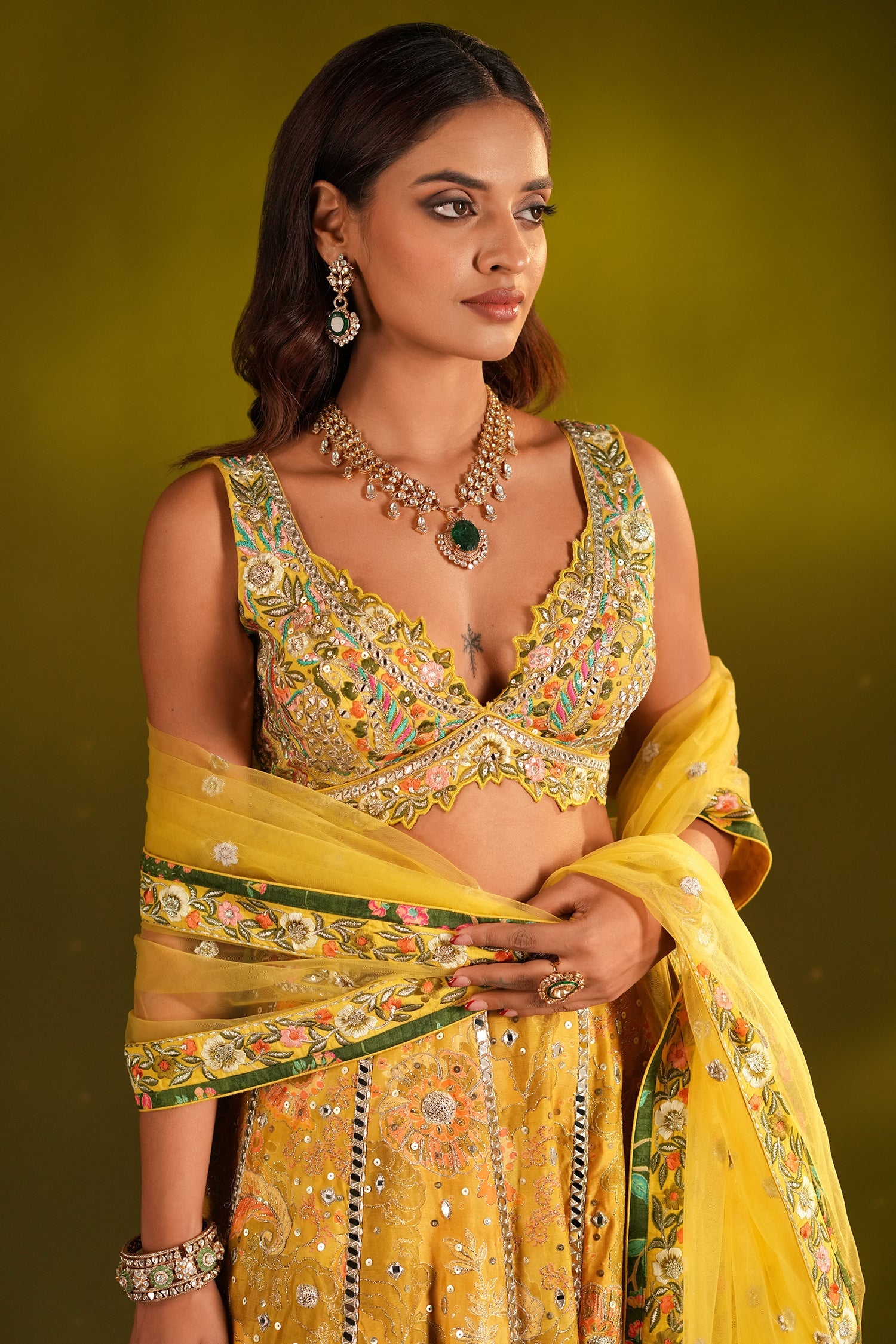 Yellow Silk Floral Printed Designer Lehenga Set