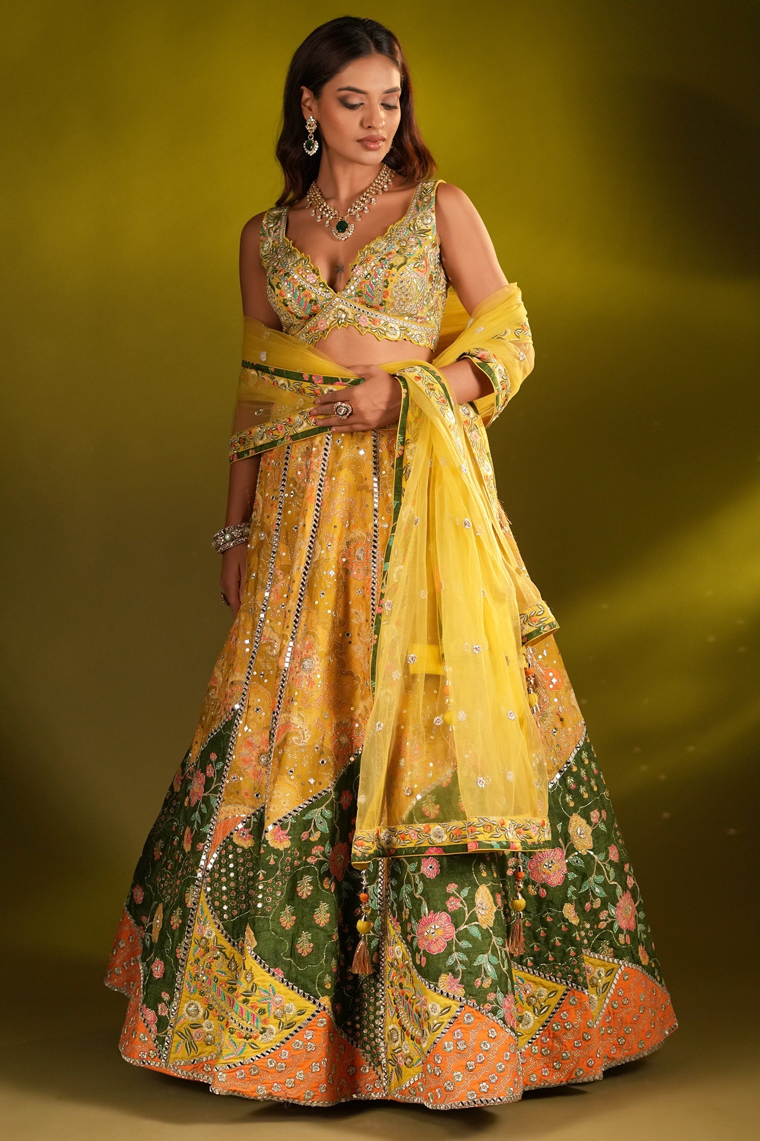 Yellow Silk Floral Printed Designer Lehenga Set