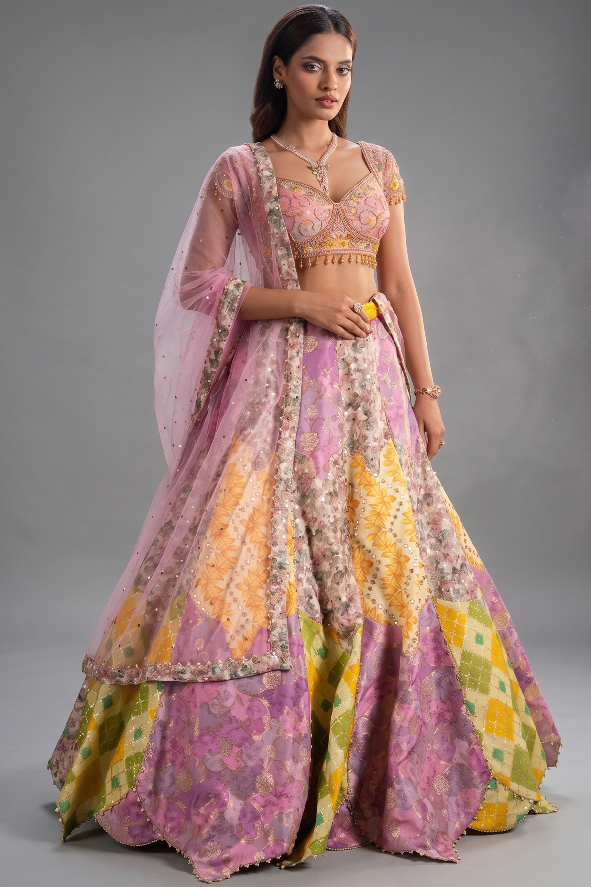 Multi Colored Silk Printed and Woven Jaal Patch Work Lehenga