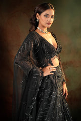 Black Net Sequinned and Cutdana Worked Designer Lehenga with Deep V Neck Blouse