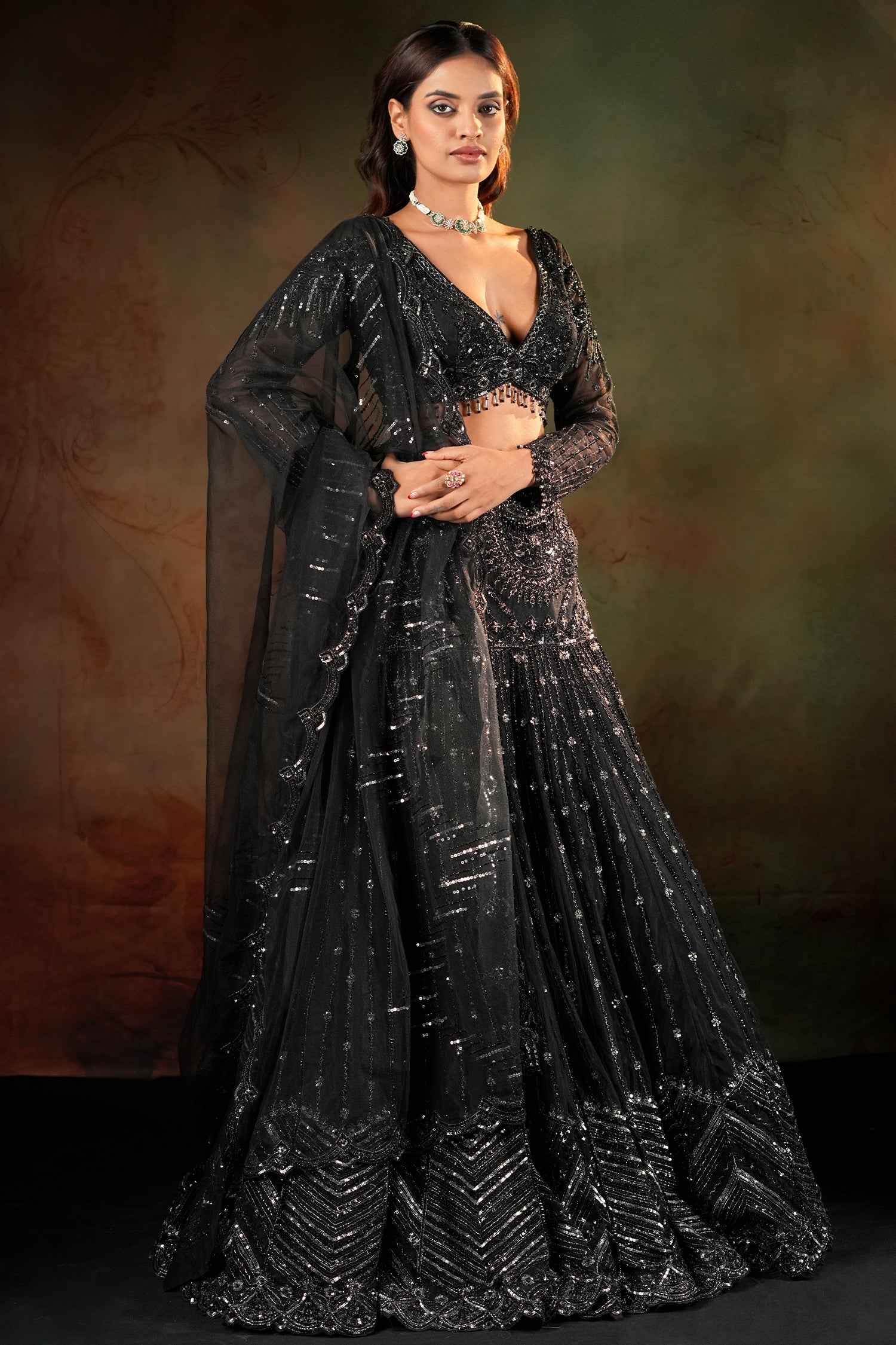Black Net Sequinned and Cutdana Worked Designer Lehenga with Deep V Neck Blouse