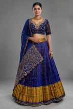 Blue Silk Traditional Pleated Patola Print Lehenga with Scallop Dupatta