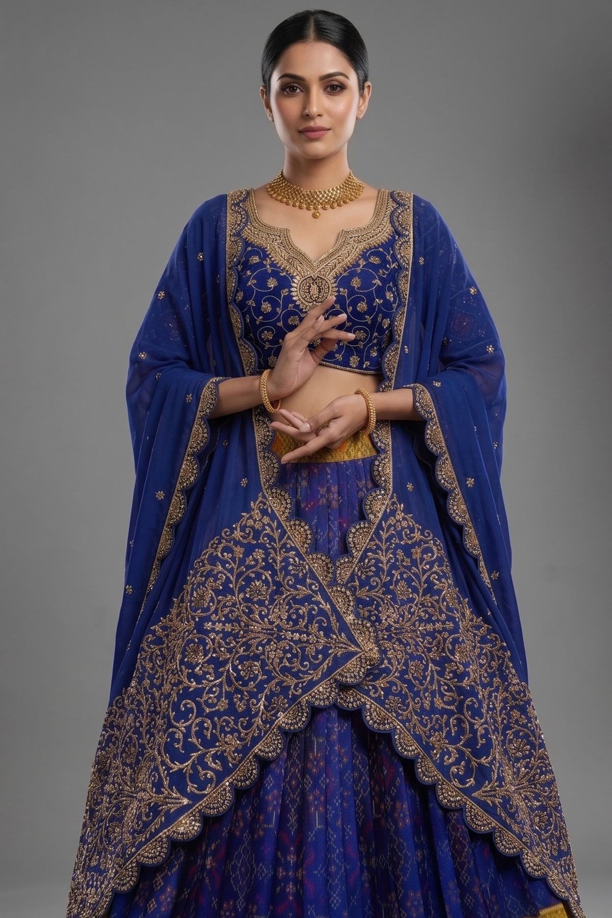 Blue Silk Traditional Pleated Patola Print Lehenga with Scallop Dupatta