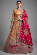 Dusty Peach Crush Silk Patch Work Designer Lehenga with Jewel Neck Blouse