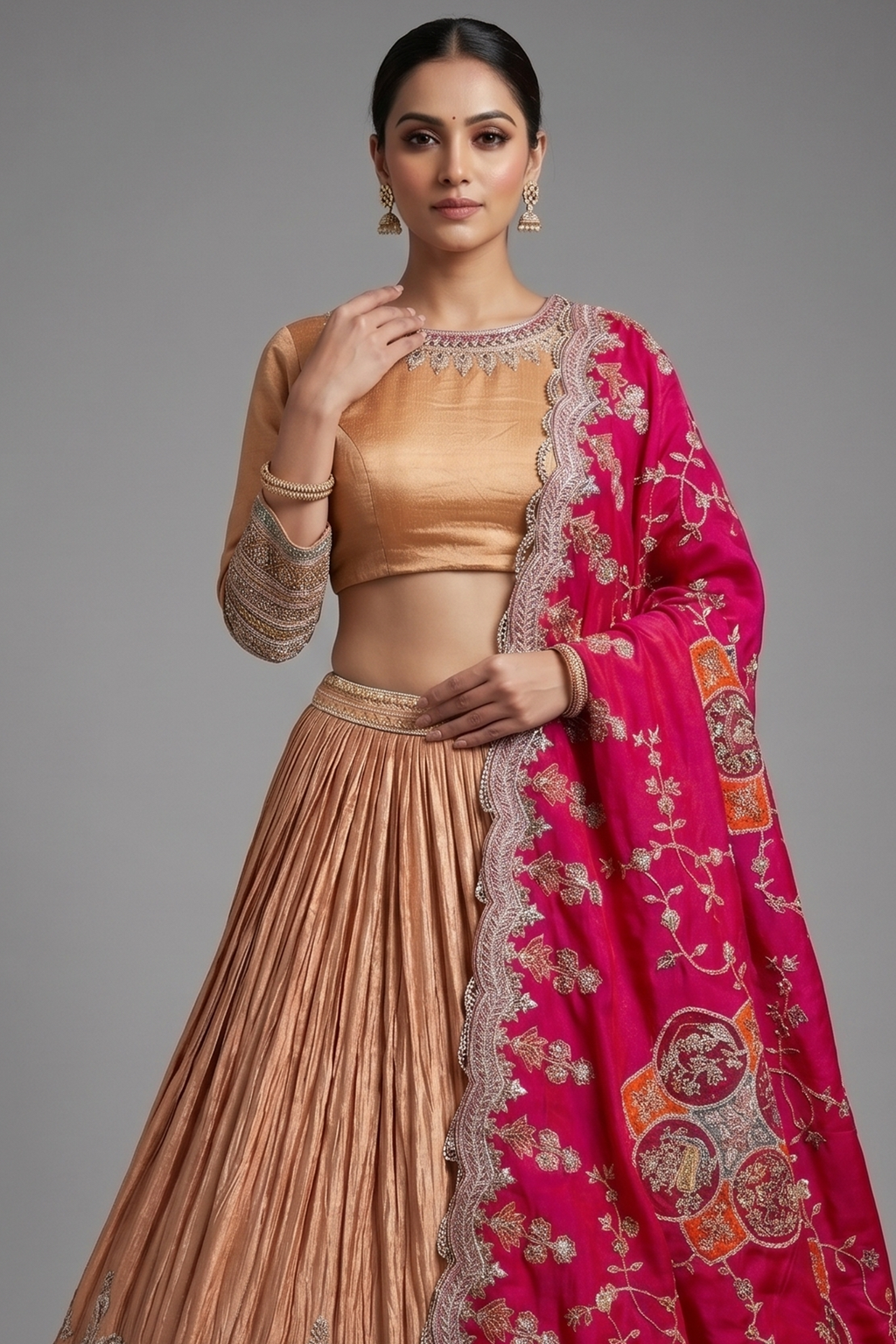 Dusty Peach Crush Silk Patch Work Designer Lehenga with Jewel Neck Blouse