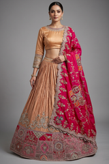 Dusty Peach Crush Silk Patch Work Designer Lehenga with Jewel Neck Blouse