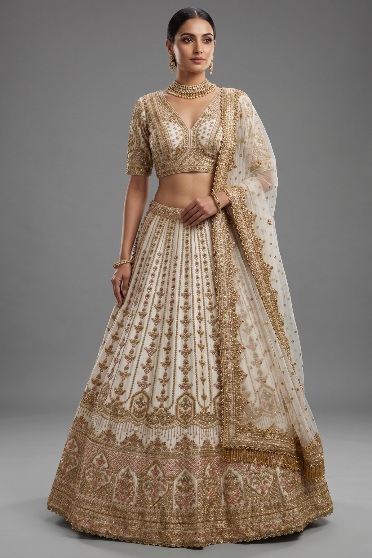 Off White Raw Silk Bridal Lehenga with Zardosi and Resham Work