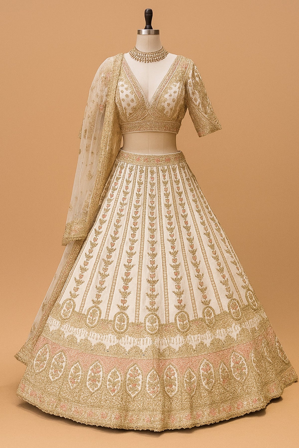 Off White Raw Silk Bridal Lehenga with Zardosi and Resham Work