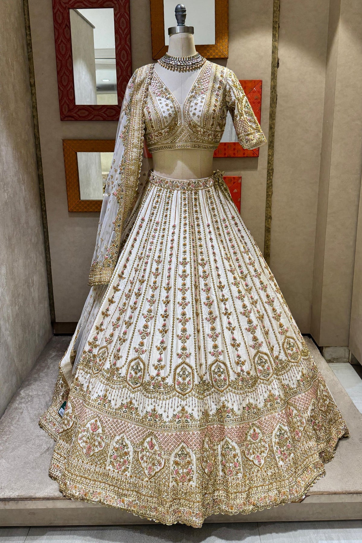 Off White Raw Silk Bridal Lehenga with Zardosi and Resham Work