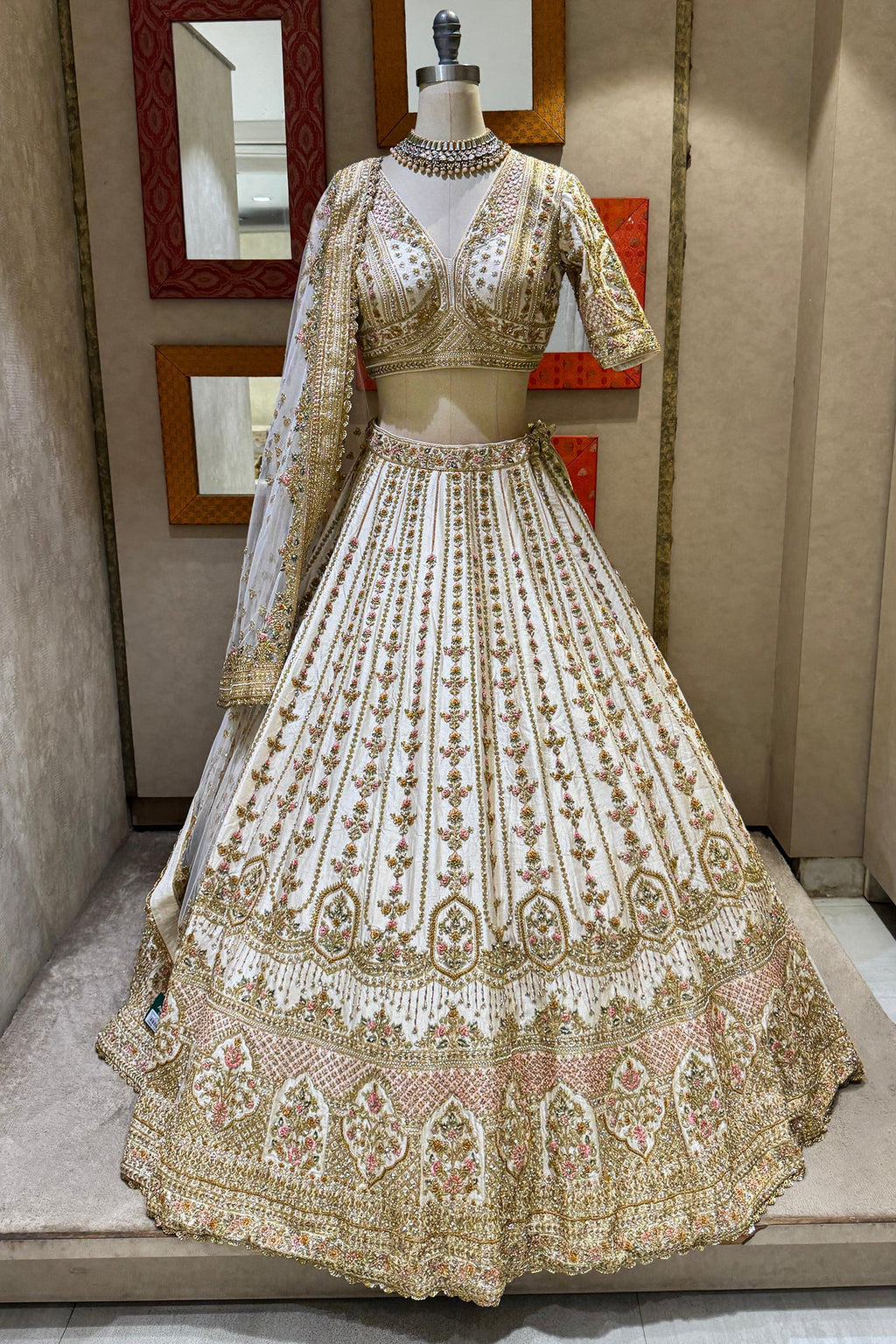 Off White Raw Silk Bridal Lehenga with Zardosi and Resham Work