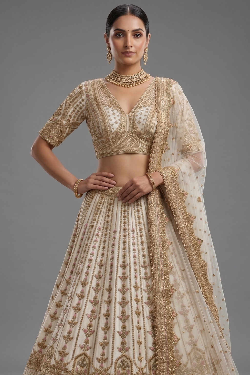 Off White Raw Silk Bridal Lehenga with Zardosi and Resham Work