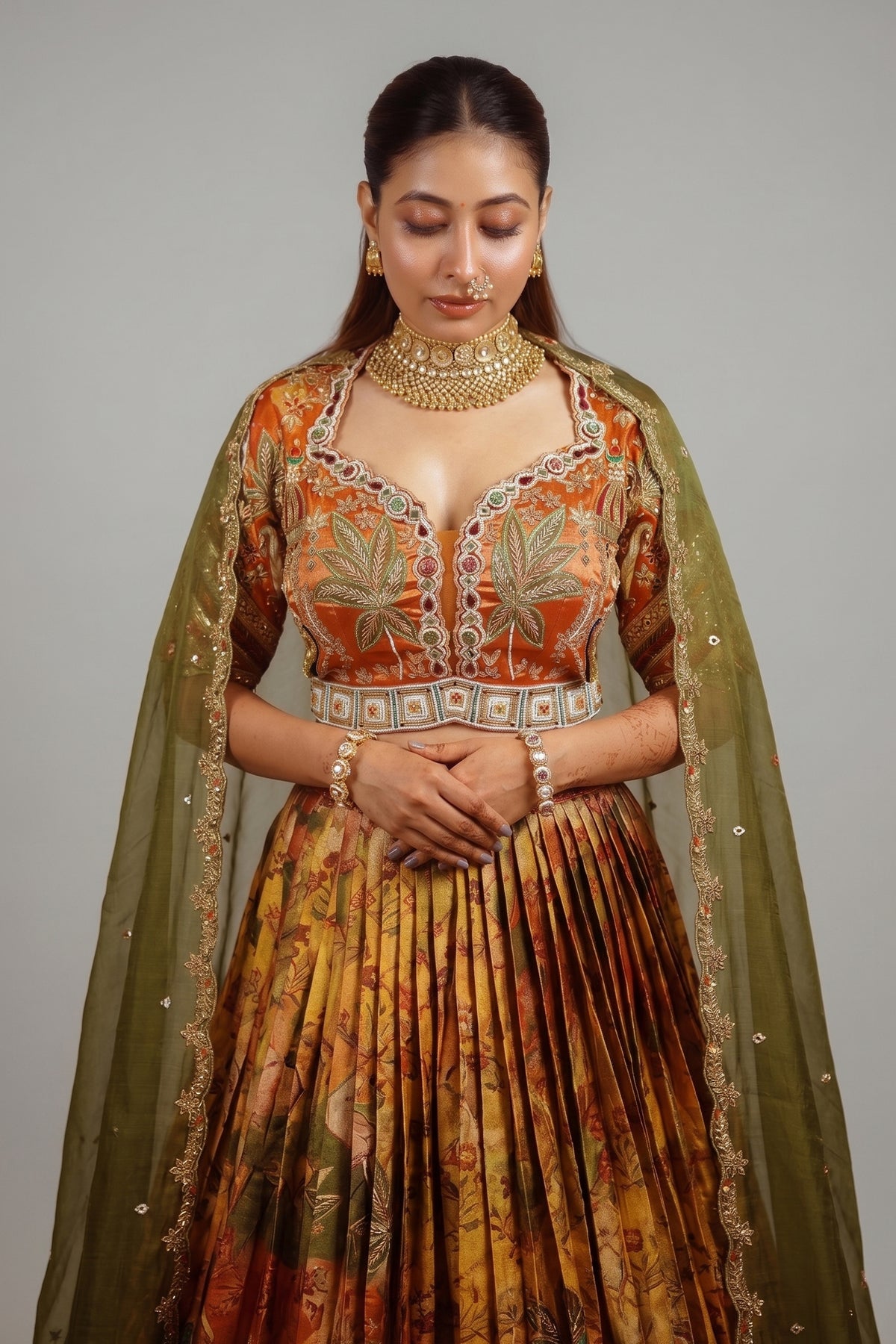 Rust Orange and Golden Tissue Silk Traditional Lehenga with Handworked Blouse