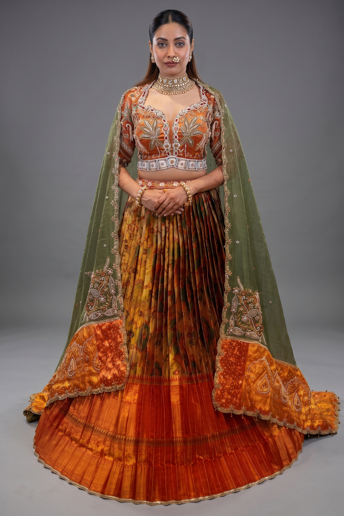Rust Orange and Golden Tissue Silk Traditional Lehenga with Handworked Blouse