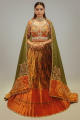 Rust Orange and Golden Tissue Silk Traditional Lehenga with Handworked Blouse