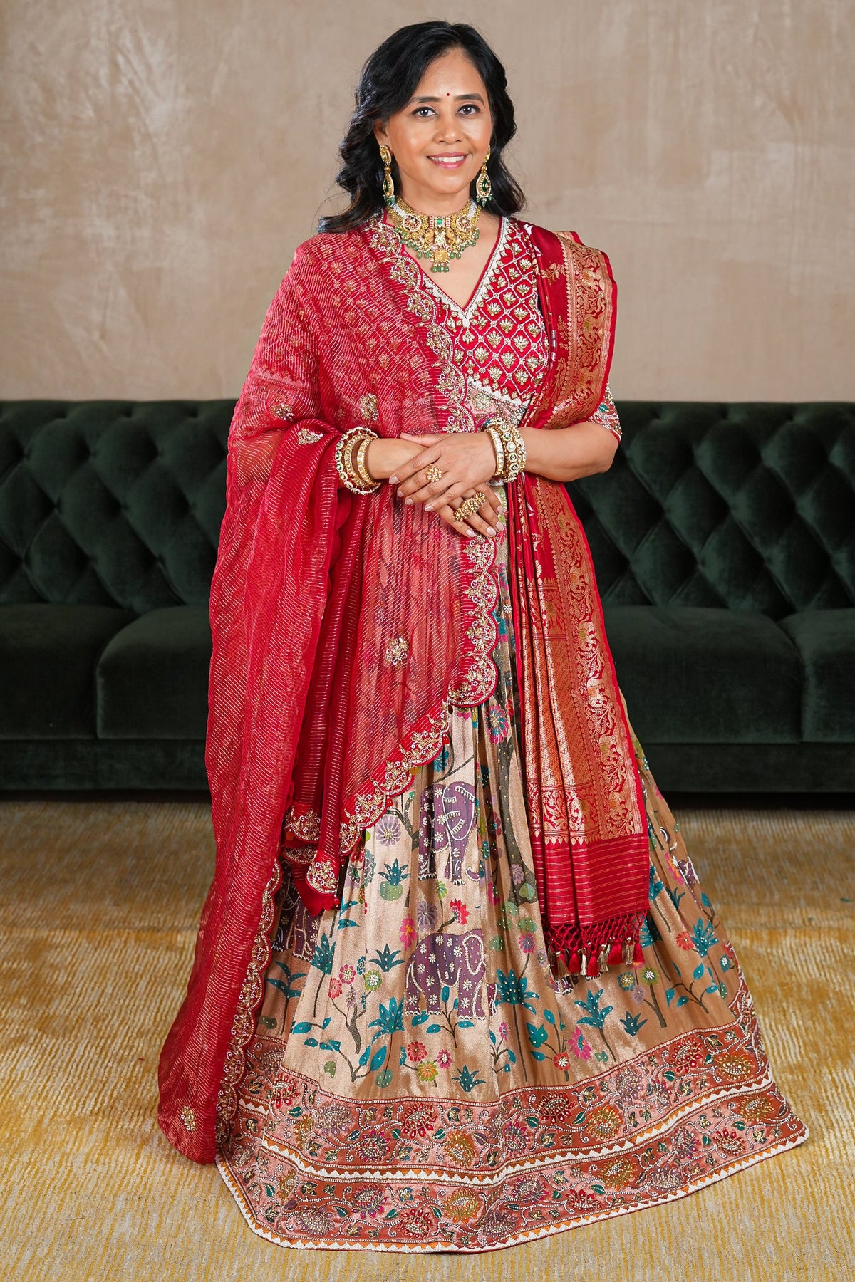 Golden Tissue Traditional Elephant Motif Bead Work Lehenga