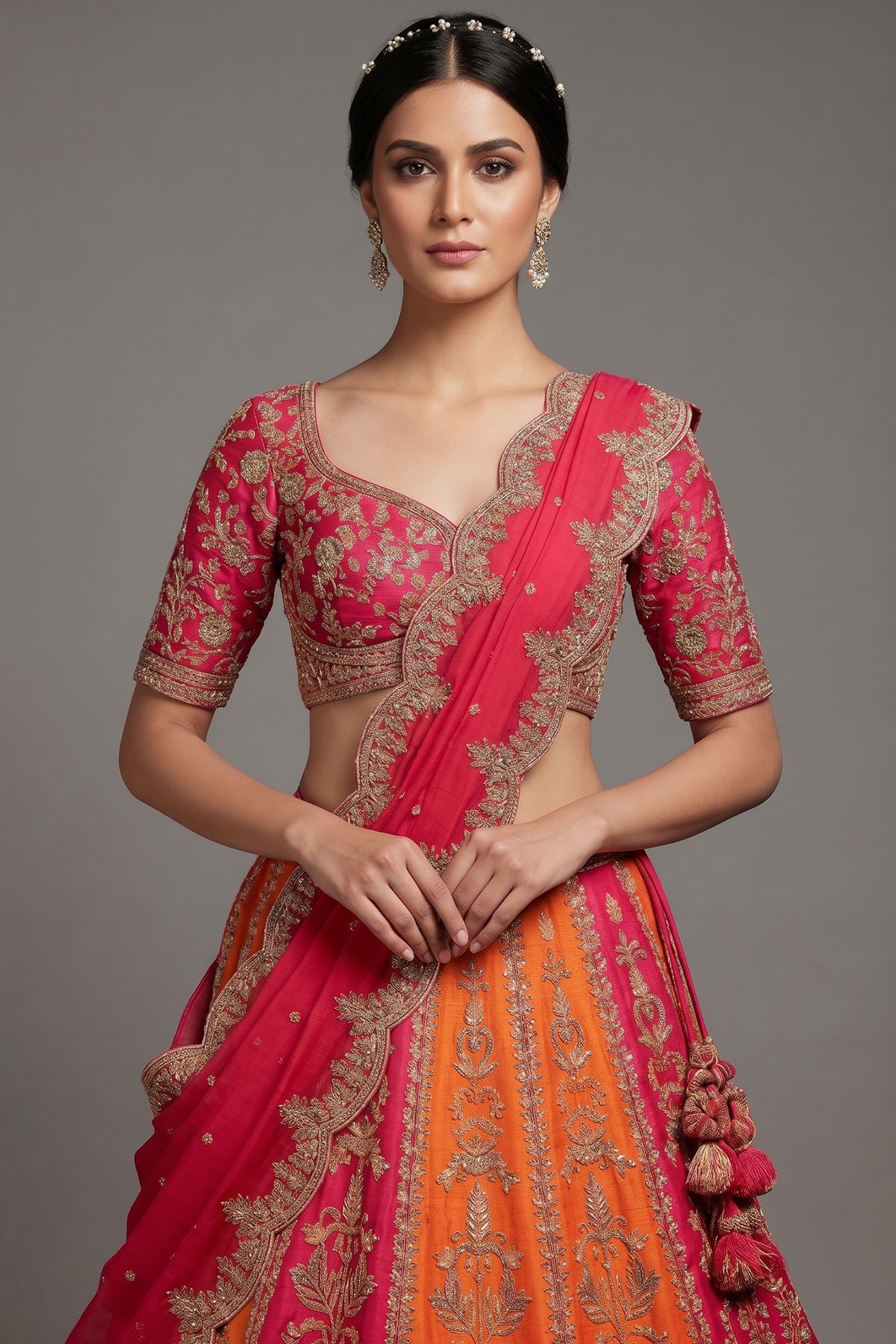 Red and Orange KD Dupion Silk Designer Bridal Lehenga