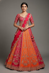 Red and Orange KD Dupion Silk Designer Bridal Lehenga