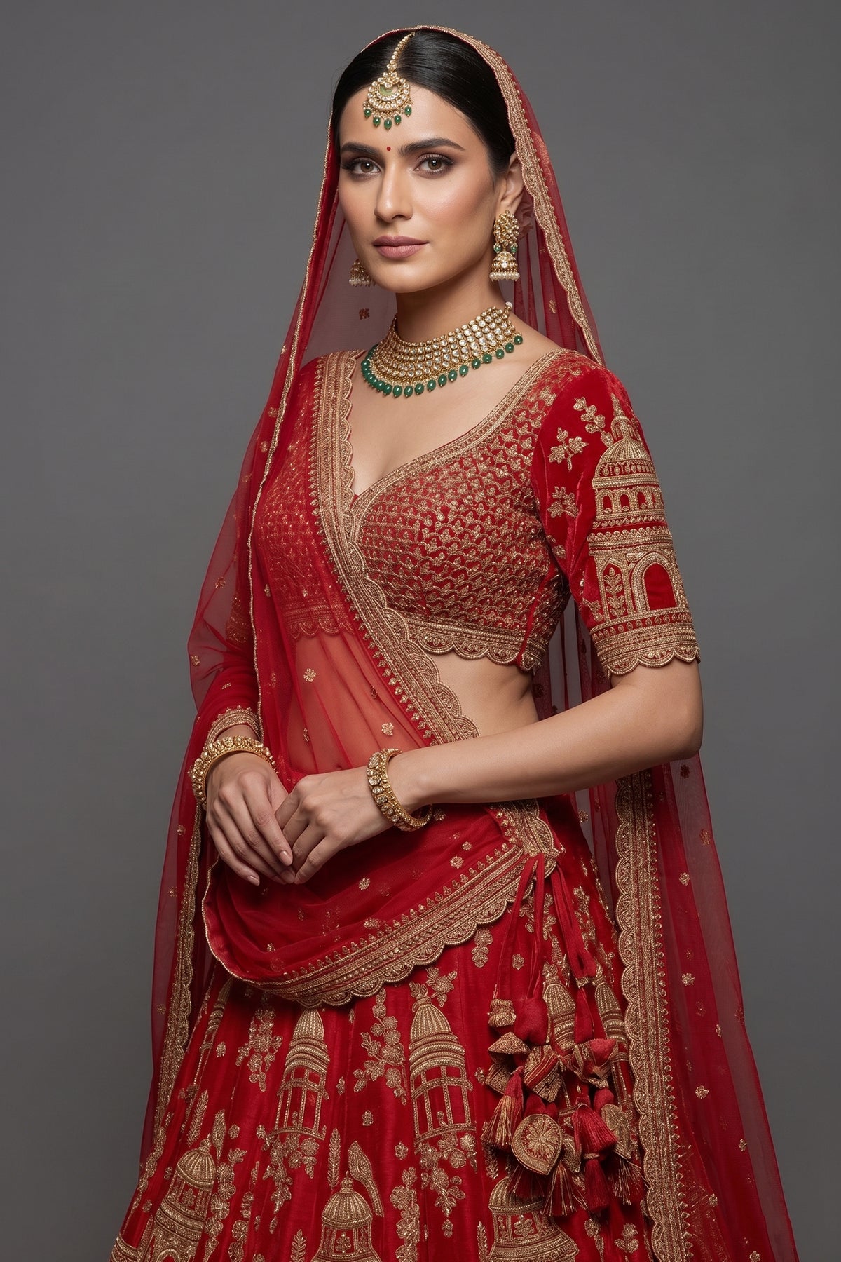 Red KD Dupion Silk Designer Bridal Lehenga with Double Dupatta