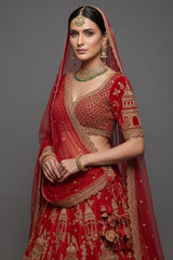 Red KD Dupion Silk Designer Bridal Lehenga with Double Dupatta