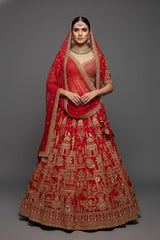 Red KD Dupion Silk Designer Bridal Lehenga with Double Dupatta
