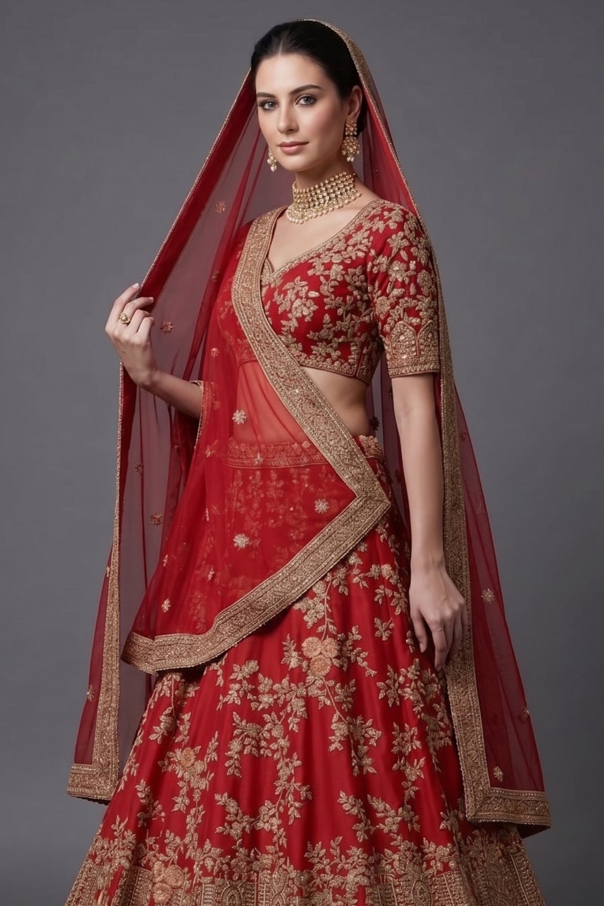 Red KD Dupion Silk Designer Bridal Floral Sequin Embroidered Bridal Lehenga