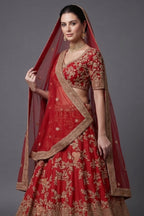Red KD Dupion Silk Designer Bridal Floral Sequin Embroidered Bridal Lehenga