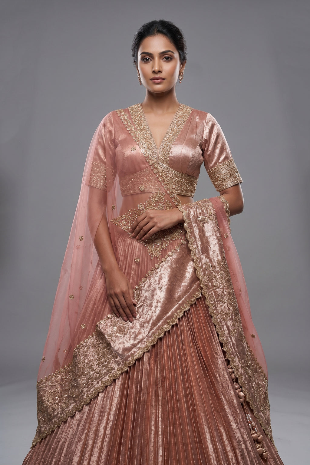 Pink Tissue Pleated Lehenga with Zardosi and Beads Work