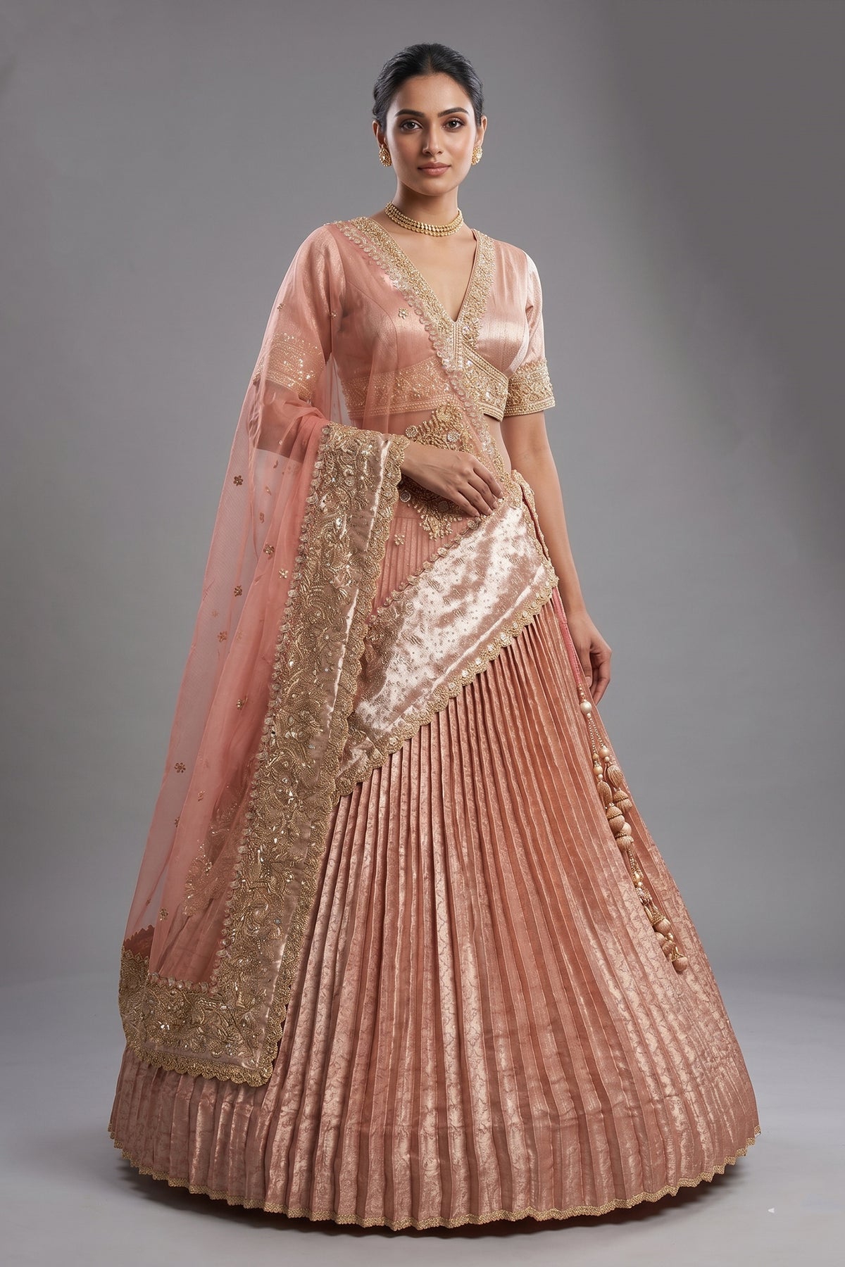 Pink Tissue Pleated Lehenga with Zardosi and Beads Work