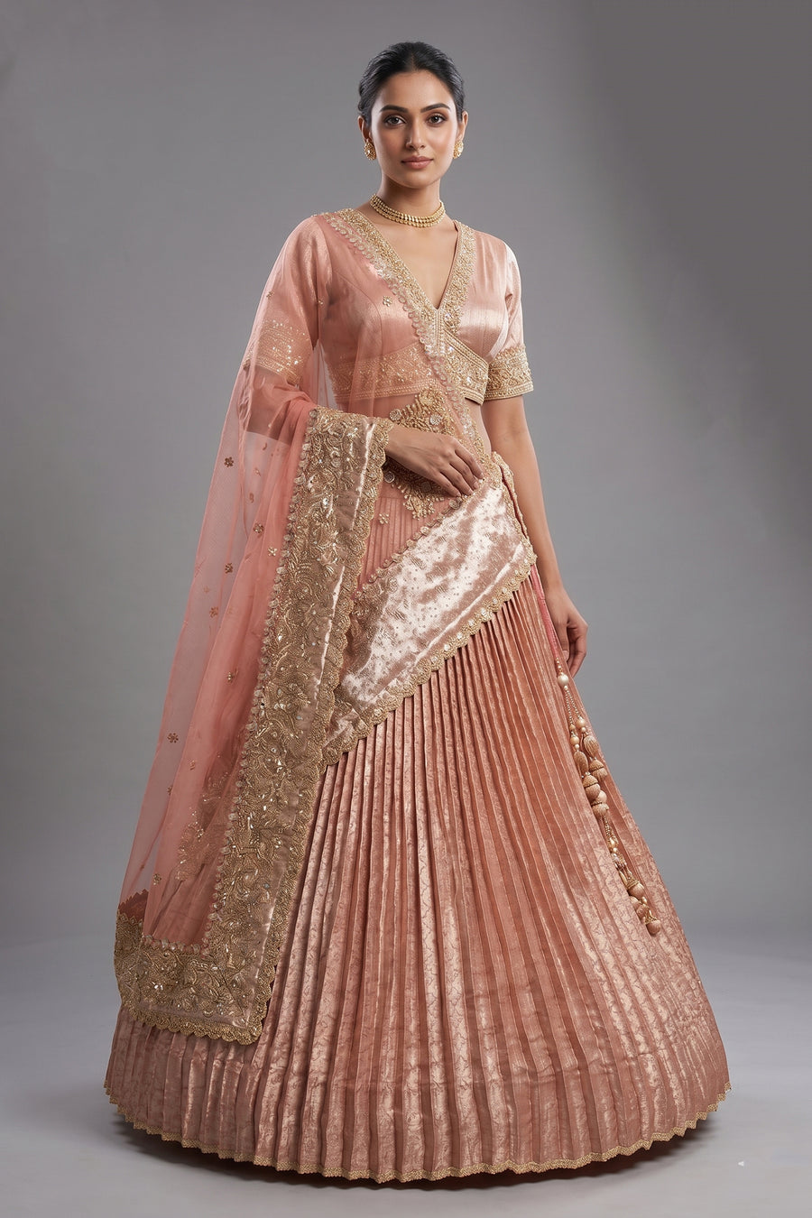 Pink Tissue Pleated Lehenga with Zardosi and Beads Work