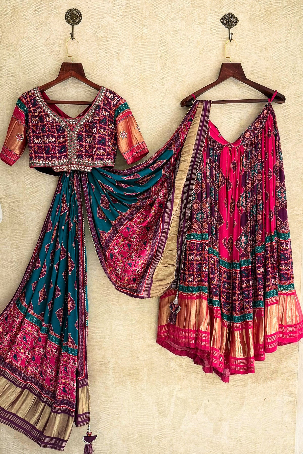 Multi Colored Gaji Silk Printed Lehenga