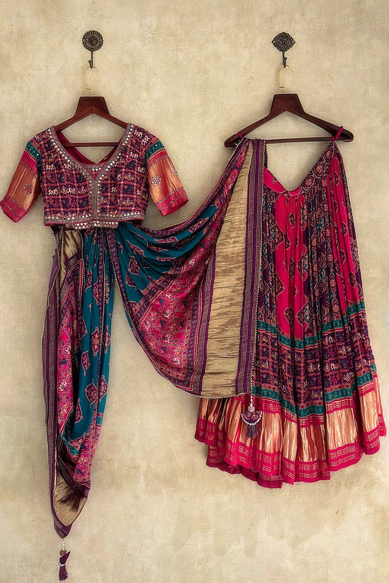 Multi Colored Gaji Silk Printed Lehenga