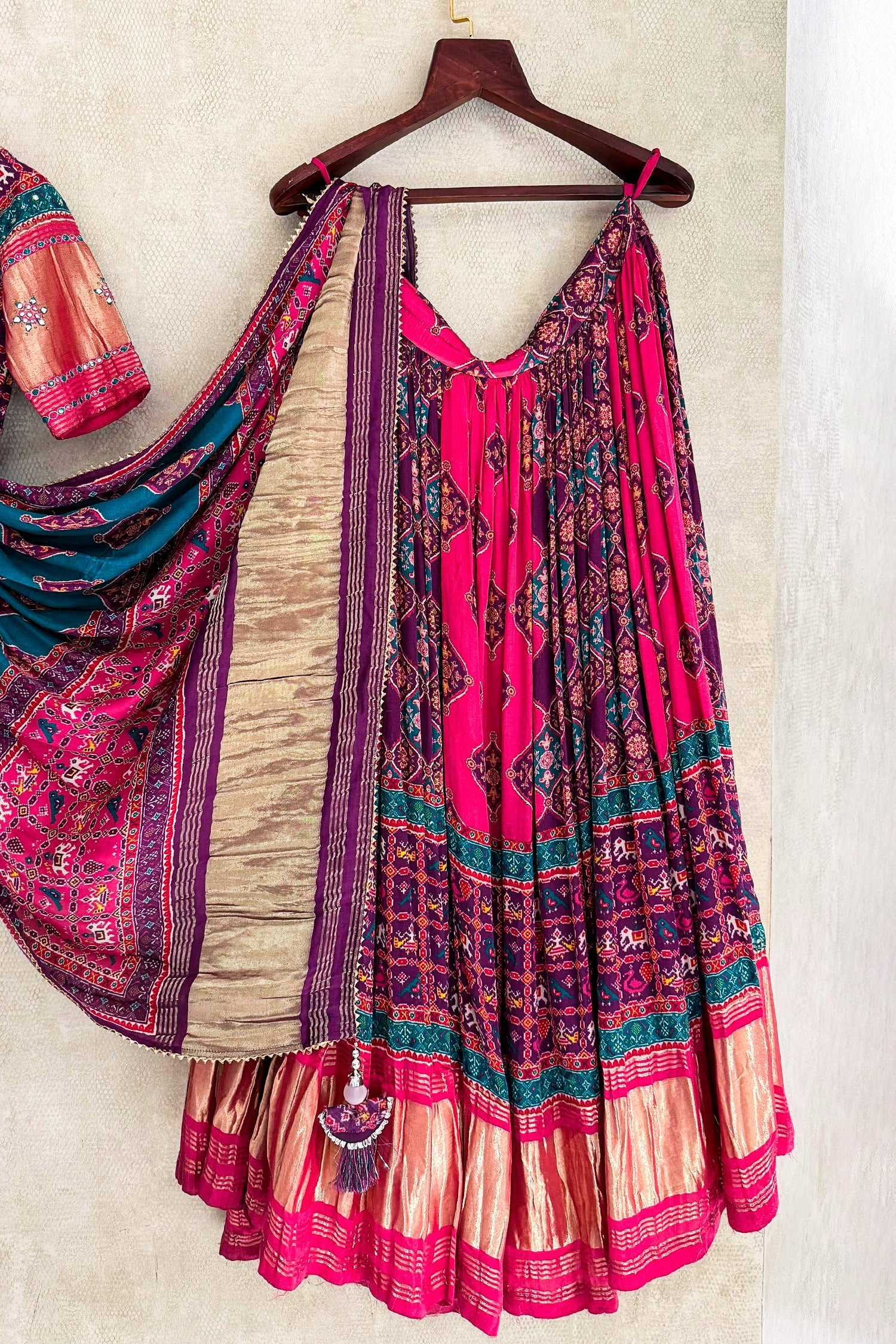 Multi Colored Gaji Silk Printed Lehenga