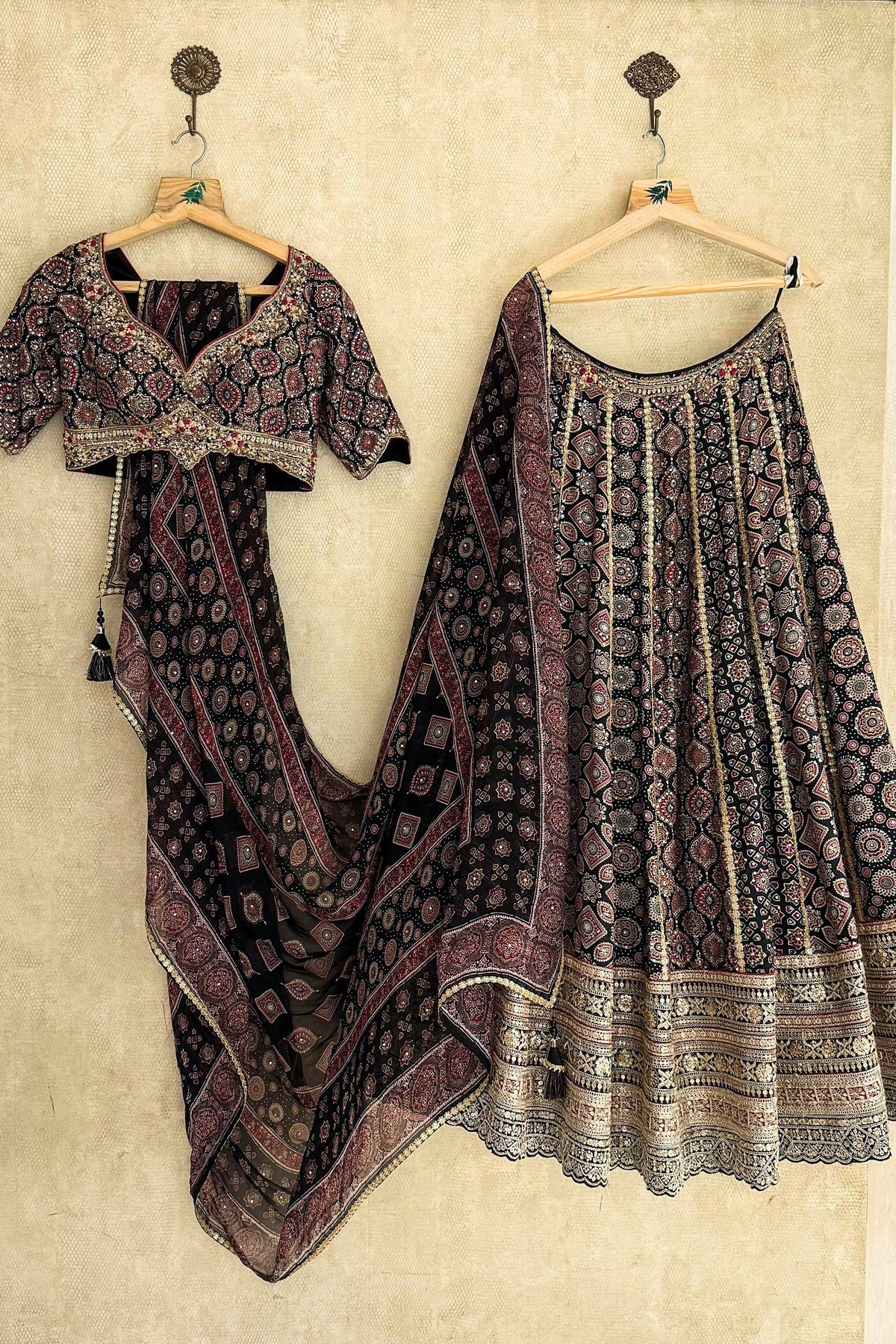 Black Cotton Ajrakh Printed Lehenga with Sequin and Embroidery Work