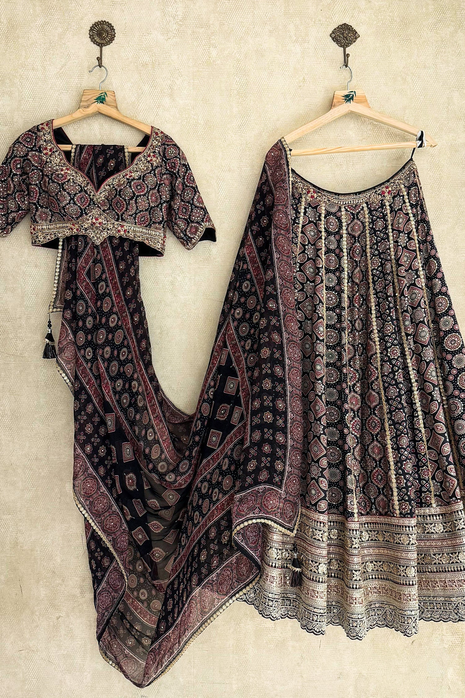 Black Cotton Ajrakh Printed Lehenga with Sequin and Embroidery Work