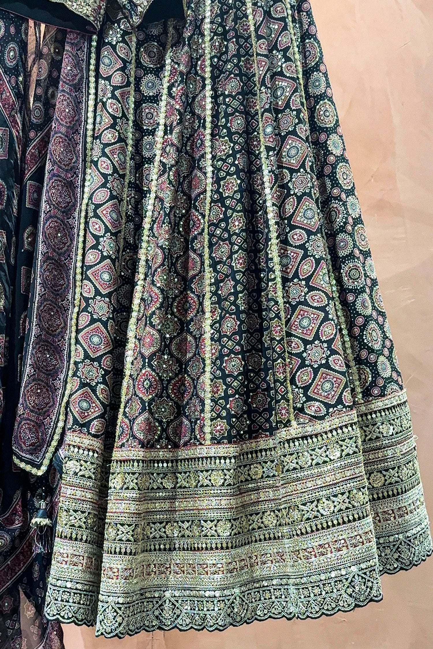 Black Cotton Ajrakh Printed Lehenga with Sequin and Embroidery Work