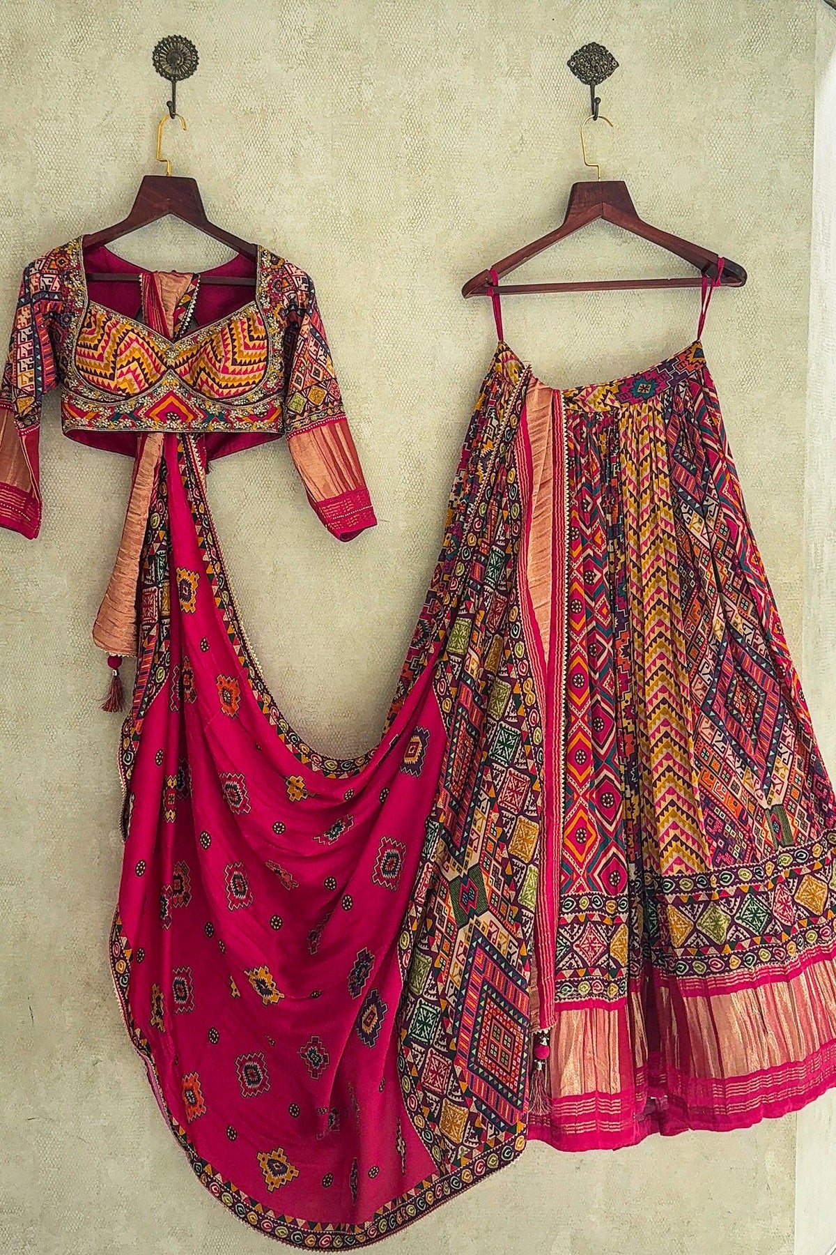 Multi Colored Gaji Silk Printed Lehenga