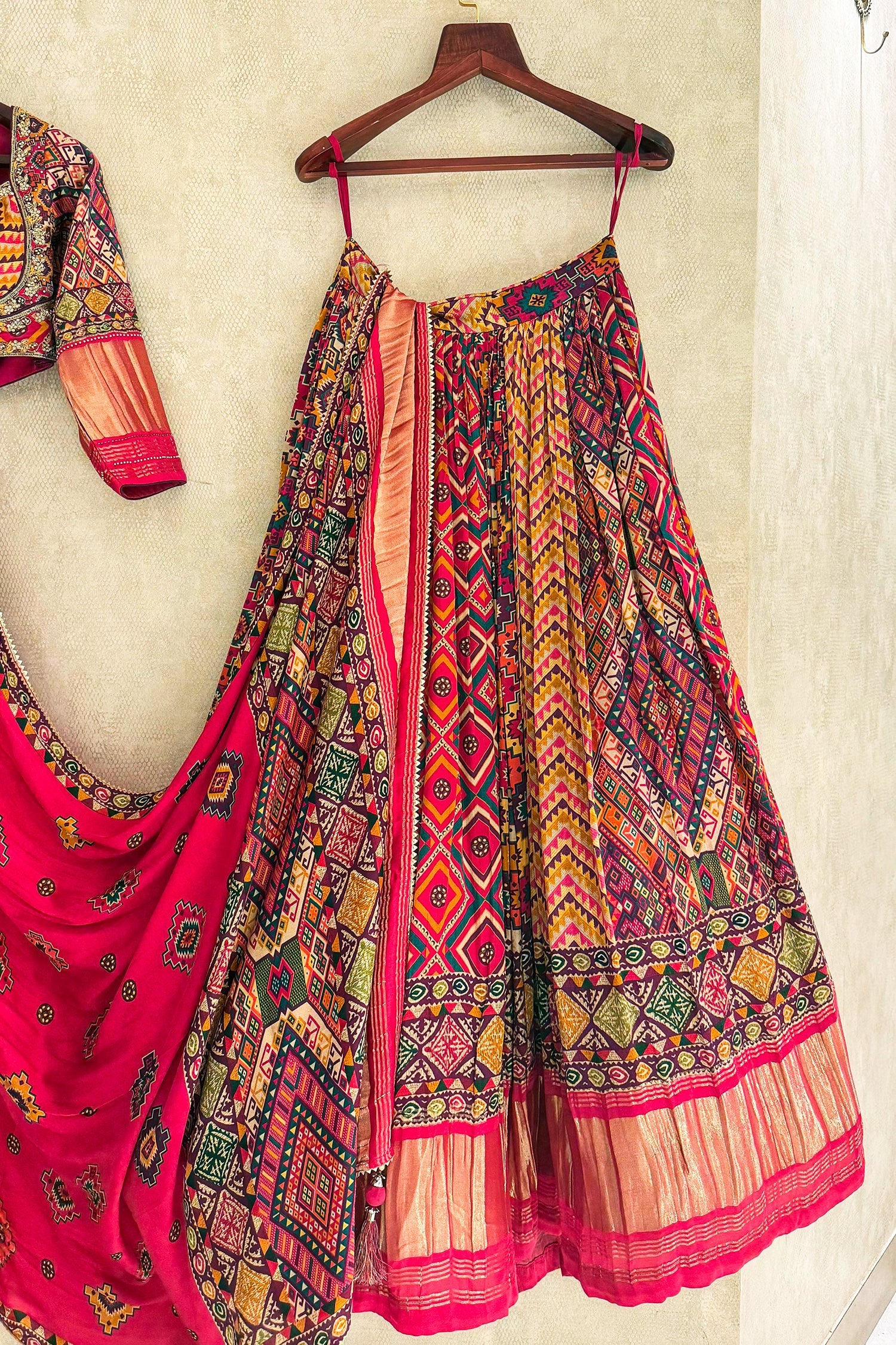Multi Colored Gaji Silk Printed Lehenga