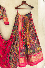 Multi Colored Gaji Silk Printed Lehenga