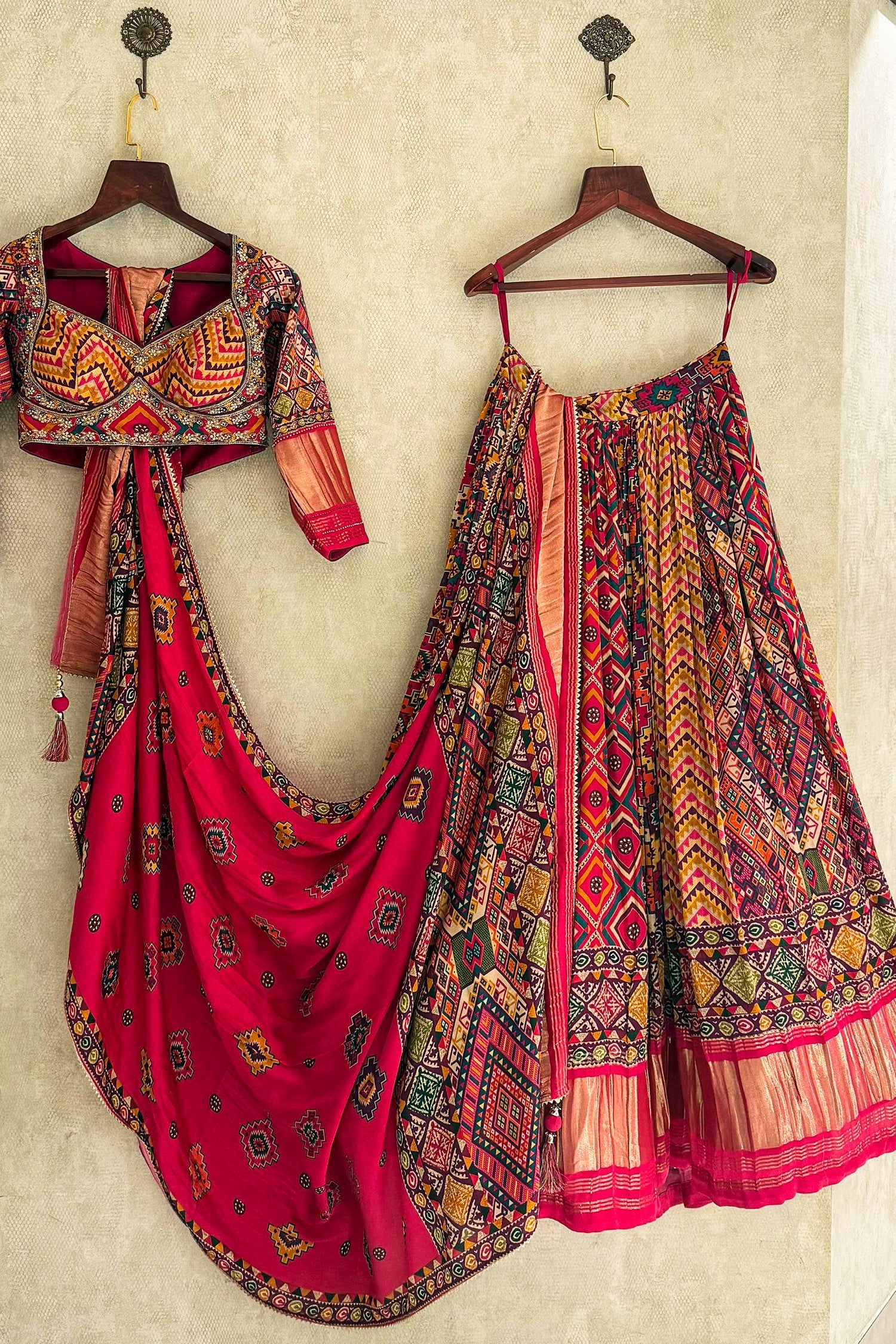 Multi Colored Gaji Silk Printed Lehenga