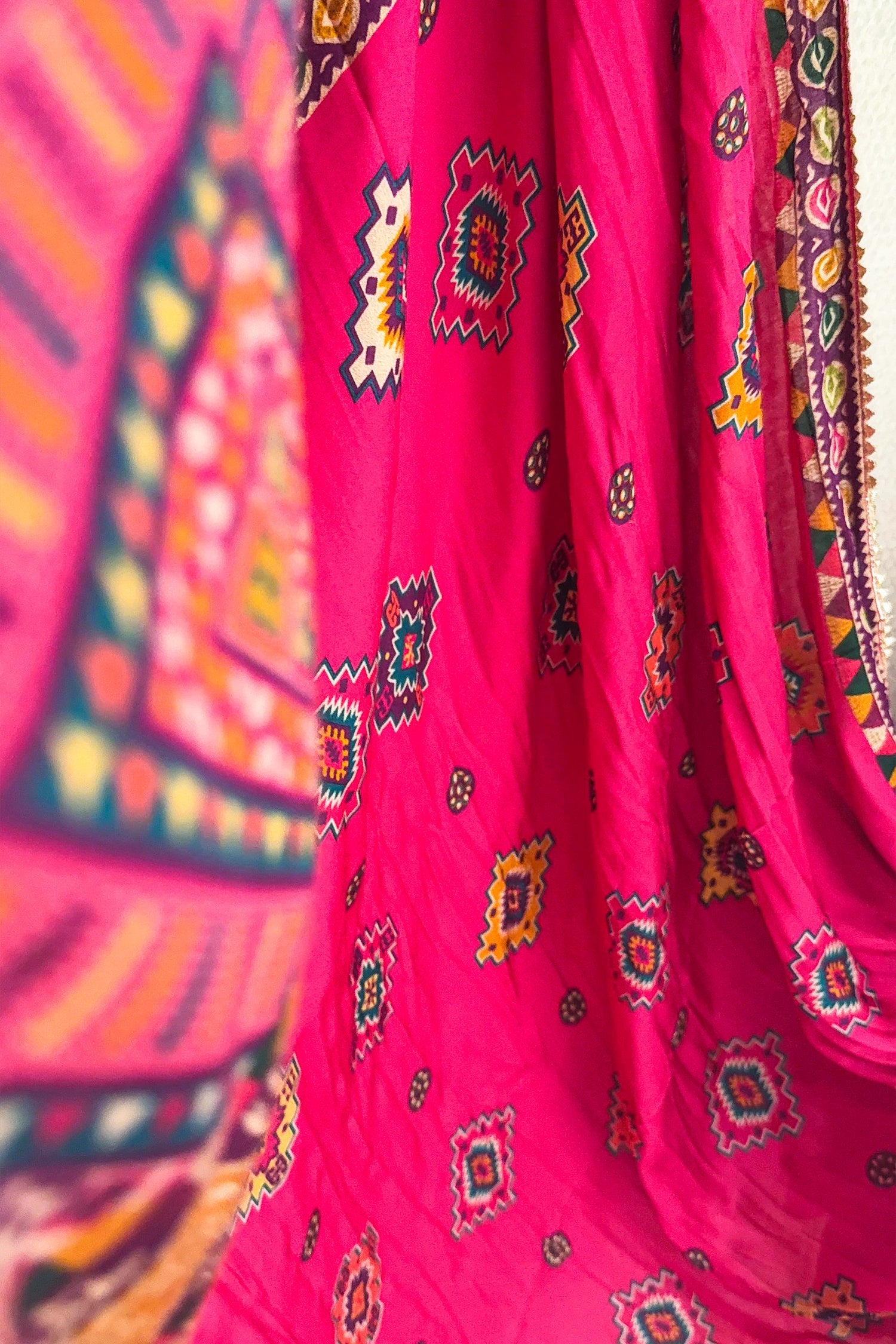 Multi Colored Gaji Silk Printed Lehenga